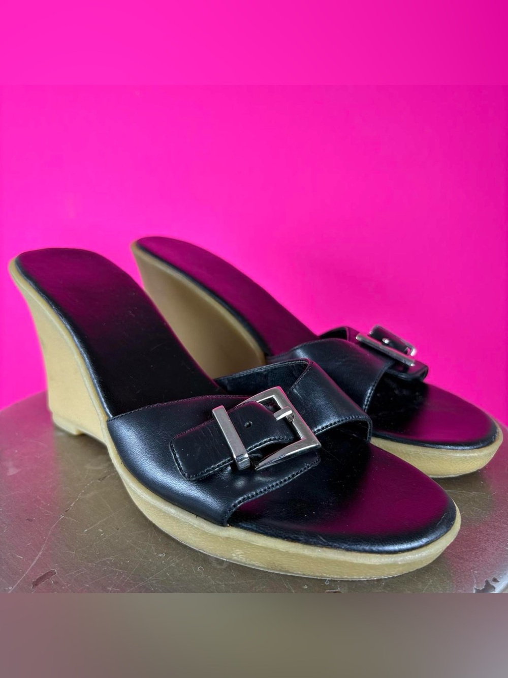 Parade Black Leather Buckle Strap Open Toe Rubber Wedge Mule Sandal US 8